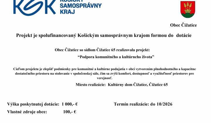 Fotka - Dotácia Košického samosprávneho kraja - Výzva ID/2026 - malé obce